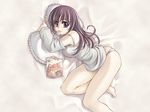  barefoot bed camisole chips copyright_request detached_sleeves food g-string highres lying mouth_hold on_side panties pillow pillow_hug potato_chips purple_hair solo thong underwear wallpaper xration 