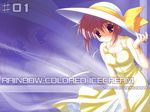  bare_shoulders bow copyright_request dress hat hat_bow leaning_forward looking_at_viewer nanao_naru number pink_hair purple_eyes short_hair solo sun_hat sundress tareme wallpaper white_hat yellow_bow yellow_dress zoom_layer 