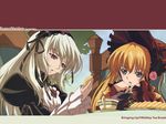  blonde_hair cookie food frills green_eyes hat lolita_fashion long_hair multiple_girls purple_eyes ribbon rozen_maiden shinku silver_hair suigintou tamura_masafumi tea wallpaper 