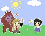  artist_request bags_under_eyes chibi death_note highres l_(death_note) male_focus multiple_boys ryuk wallpaper yagami_light 
