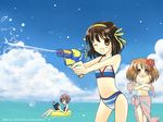  artist_request asahina_mikuru beach bikini brown_hair cloud day gun innertube multiple_girls nagato_yuki outdoors pink_sarong polka polka_dot polka_dot_sarong sarong short_hair sky striped striped_bikini suzumiya_haruhi suzumiya_haruhi_no_yuuutsu swimsuit wallpaper water_gun weapon 