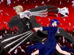  1girl alexander_anderson beard between_fingers black_keys blonde_hair blue_eyes blue_hair book buttons cassock ciel clenched_teeth cross cross_necklace cross_patty crossover crowd english facial_hair flying_paper glasses gloves grin habit hellsing holding holding_book iga_tomoteru jewelry latin_cross long_sleeves melty_blood necklace opaque_glasses open_clothes open_mouth paper short_hair skirt smile sword teeth tsukihime type-moon wallpaper weapon weapon_connection white_gloves white_legwear 
