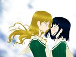  artist_request black_hair blonde_hair blush floating_hair green_shirt long_hair looking_at_another maria-sama_ga_miteru multiple_girls neckerchief nijou_noriko sailor_collar school_uniform serafuku shirt short_hair simple_background sketch toudou_shimako upper_body wallpaper white_background yuri 