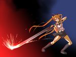  bell ensis_exorcizans hair_bell hair_ornament heterochromia huge_weapon kagurazaka_asuna kasuga_yukihito long_hair mahou_sensei_negima! orange_hair solo sparks sword twintails very_long_hair wallpaper weapon 