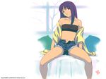  arm_support bandeau bare_shoulders denim denim_shorts kurusugawa_ayaka leaning_back long_hair midriff purple_eyes purple_hair shorts sitting solo spread_legs strapless to_heart wallpaper 