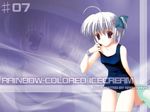  ahoge arms_behind_back bare_shoulders collarbone copyright_request holding leaning_forward looking_at_viewer nanao_naru one-piece_swimsuit red_eyes school_swimsuit short_hair silver_hair solo swimsuit towel wallpaper 