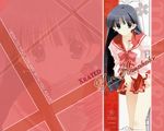  bangs black_hair blue_eyes bow character_name copyright_name kusakabe_yuuki_(to_heart_2) long_hair long_sleeves looking_at_viewer nakamura_takeshi red_skirt school_uniform serafuku skirt skirt_lift solo to_heart_2 wallpaper zoom_layer 