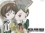  artist_request buttons copyright_name covered_mouth covering_mouth dress expressionless frilled_umbrella frills green_dress green_eyes green_hair hair_ornament head_scarf heart heart_hair_ornament heterochromia kanaria long_sleeves metal_gear_(series) metal_gear_solid multiple_girls parody red_eyes rozen_maiden simple_background suiseiseki umbrella upper_body wallpaper white_background 