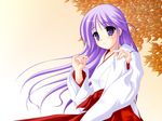  crossdressing hakama happiness! japanese_clothes kakesu long_sleeves male_focus miko otoko_no_ko purple_eyes purple_hair red_hakama solo wallpaper watarase_jun 