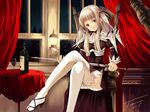  alcohol bottle brown_eyes chair crossed_legs cup dress hair_ornament hairpin hands legs long_hair long_sleeves original panties pantyshot pantyshot_(sitting) silver_hair sitting solo sword thighhighs tomozo_kaoru underwear wallpaper weapon white_legwear white_panties window wine 