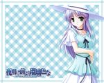  artist_request blue_eyes blue_shirt border checkered checkered_background dress feena_fam_earthlight hat long_hair looking_at_viewer purple_hair shirt shorts solo sun_hat wallpaper watermark white_dress yoake_mae_yori_ruri_iro_na 