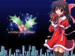  :d black_hair black_legwear blush bow brown_eyes capelet christmas gift hair_bow hair_ornament holly holly_hair_ornament long_sleeves looking_at_viewer nanao_naru open_mouth original pink_bow red_capelet santa_costume smile solo thighhighs wallpaper 
