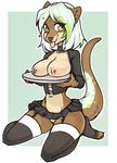  border breasts clothing collar digital_media_(artwork) female green_background green_hair hair kneeling legwear looking_at_viewer maid_uniform mammal mustelid navel netto_(uk-brony) nipples no_underwear otter pussy simple_background skirt solo stockings tongue tongue_out uniform white_border yellow_eyes zyira 