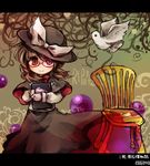  bird black_capelet brown_eyes brown_hair capelet chair cosplay dr.latency's_freak_report english glasses hat hat_ribbon heterochromia long_sleeves pigeon pote_(ptkan) red-framed_eyewear ribbon shirt skirt smile solo touhou usami_renko usami_renko_(cosplay) usami_sumireko 