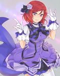  bow cowboy_shot dress flower gloves hair_flower hair_ornament highres kira-kira_sensation! looking_at_viewer love_live! love_live!_school_idol_project makita_(twosidegekilove) nishikino_maki pose purple_dress purple_eyes red_hair smile solo thighhighs thighs white_gloves white_legwear zettai_ryouiki 