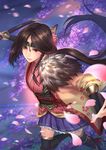  blue_skirt braid brown_hair cherry_blossoms highres japanese_clothes katana long_hair md5_mismatch ouka_(toukiden) ponytail red_eyes side_braid skirt solo sword toukiden very_long_hair w_rong weapon 