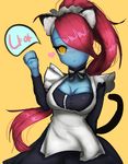  1girl apron blue_skin blush breasts cat_ears cleavage hair_over_one_eye maid_uniform red_hair solo tail undertale undyne yellow_eyes 