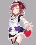  :d apron artist_name breasts cleavage cowboy_shot garter_straps grey_background heart looking_at_viewer love_live! love_live!_school_idol_project maid maid_apron maid_headdress medium_breasts mogyutto_&quot;love&quot;_de_sekkin_chuu! nishikino_maki open_mouth outline over-kneehighs purple_eyes red_hair simple_background skull573 smile solo thighhighs white_outline wristband 