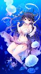 bikini breasts cleavage danua draph granblue_fantasy highres holding_breath horns jellyfish large_breasts long_hair mizuno_(suisuiw) pointy_ears red_eyes solo swimsuit underwater 
