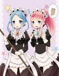  apron bangs blue_eyes blue_hair crying felicia_(fire_emblem_if) fire_emblem fire_emblem_if flora_(fire_emblem_if) long_hair maid maid_apron maid_headdress multiple_girls open_mouth pink_hair ponytail purple_eyes shira_yu_ki siblings sisters staff star tears twintails wavy_mouth 