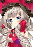  :t blue_eyes fate/grand_order fate_(series) fujishiro_kokoa gloves grey_hair hat long_hair marie_antoinette_(fate/grand_order) pout red_gloves red_hat red_shirt shirt solo twintails upper_body white_background 