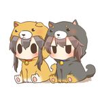  akagi_(kantai_collection) animal_costume bangs black_hair brown_hair chibi dog_costume jitome kaga_(kantai_collection) kantai_collection lowres multiple_girls rebecca_(keinelove) simple_background sitting solid_oval_eyes white_background 