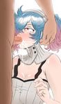  1boy 1girl areolae blue_hair bluphoenix blush breasts clothed_sex cum cum_in_mouth cum_on_breasts ejaculation facial fellatio fire_emblem fire_emblem_if gradient_hair hand_on_head hands hetero multicolored_hair oral penis pieri_(fire_emblem_if) red_eyes red_hair simple_background tears twintails uncensored upper_body 