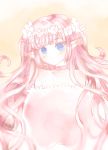  1girl atobesakunolove bangs blue_eyes choker commentary copyright_request dress eyebrows_visible_through_hair head_wreath highres long_hair looking_at_viewer parted_lips pink_choker pink_dress pink_hair pointy_ears sketch solo symbol_commentary upper_body very_long_hair yellow_background 