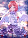  angel_wings arm_garter bow bowtie center_frills chain feathered_wings flower garters gold_chain hair_ornament highres looking_at_viewer love_live! love_live!_school_idol_festival love_live!_school_idol_project morerin nishikino_maki petals purple_eyes red_flower red_hair red_rose ribbon rose skirt skirt_hold sleeveless smile solo striped striped_bow striped_neckwear wading wings wrist_ribbon x_hair_ornament 