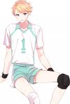  blonde_hair ensemble_stars! gym_uniform male_focus miruru_(palegray) narukami_arashi purple_eyes short_shorts shorts smile solo 