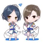  asymmetrical_hair bad_id bad_pixiv_id bangs blue_hair brown_eyes brown_hair chibi crown epaulettes full_body hair_ornament hayami_kanade idolmaster idolmaster_cinderella_girls iida_yuuko looking_at_viewer microphone mini_crown misumi_(macaroni) multiple_girls open_mouth pants parted_bangs seiyuu seiyuu_connection short_hair simple_background smile white_background 