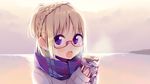  blonde_hair braid eating food fuzuki_fuuro glasses official_art olive!_believe_&quot;olive&quot;? open_mouth purple_eyes scarf solo sweet_potato tachibana_chie yakiimo 