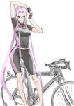  absurdly_long_hair arm_up bicycle bike_jersey bike_shorts black_gloves black_shirt black_shorts dated fate/stay_night fate_(series) fingerless_gloves glasses gloves ground_vehicle highres long_hair navel pink_hair red_eyes rider shirt shorts simple_background sketch smile solo standing tooya_daisuke very_long_hair white_background 