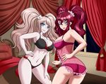  2girls ass bare_shoulders bed blue_eyes bra breasts butt_crack cross_ange crossover danganronpa danganronpa_1 enoshima_junko hair_ornament hilda_(cross_ange) large_breasts long_hair looking_at_viewer multiple_girls nail_polish pale_skin panties pink_hair purple_eyes red_hair shiny shiny_hair shiny_skin sideboob smile twintails underwear zantyarz 