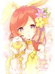  :o animal animal_ears bird bunny_ears flower hair_flower hair_ornament hair_ribbon happy_birthday holding holding_animal love_live! love_live!_school_idol_festival love_live!_school_idol_project nishikino_maki purple_eyes red_hair ribbon sakuramochi_n solo twitter_username upper_body veil wrist_cuffs 