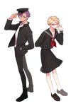  blonde_hair crossdressing ensemble_stars! full_body gakuran glasses hat male_focus miruru_(palegray) multiple_boys narukami_arashi one_eye_closed otogari_adonis purple_eyes red-framed_eyewear school_uniform serafuku skirt yellow_eyes 