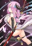  ass back black_gloves blue_eyes blush boots braid breasts bug butterfly butterfly_hair_ornament demon_horns draph eyelashes gloves granblue_fantasy hair_ornament hair_over_one_eye hairclip heart high_heel_boots high_heels holding holding_sword holding_weapon horns insect knee_boots large_breasts lavender_hair long_hair looking_at_viewer miyuki_rei narmaya_(granblue_fantasy) no_panties parted_lips petals pointy_ears purple_hair sheath sideboob single_thighhigh sleeveless solo sword tassel thigh_boots thigh_strap thighhighs unsheathing weapon 