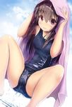  bangs blue_sky blue_swimsuit blush brown_hair cloud day dripping drying drying_hair dutch_angle eyebrows eyebrows_visible_through_hair hair_between_eyes hands_on_own_head highres long_hair looking_at_viewer md5_mismatch missile228 one-piece_swimsuit original parted_lips purple_eyes school_swimsuit shiny shiny_skin sky solo squatting swimsuit towel towel_on_head water wet wet_hair 
