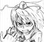  angry clenched_teeth desaku greyscale hat monochrome shameimaru_aya short_hair short_sleeves simple_background solo teeth tokin_hat touhou white_background 