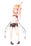  akisha arm_grab armpits arms_up bad_id bad_twitter_id bike_shorts blonde_hair flandre_scarlet full_body hair_ribbon highres looking_at_viewer navel one_eye_closed red_eyes red_ribbon ribbon shoes side_ponytail simple_background skindentation solo sports_bra standing touhou white_background wings 