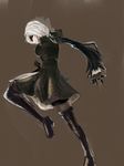  1girl blindfold boots cleavage_cutout dress full_body gloves high_heels highres mole mole_under_mouth nier nier:_automata nier_automata puffy_sleeves short_hair silver_hair solo square_enix standing thigh_boots thighhighs yorha_no.2_type_b yorha_unit_no._2_type_b 