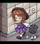  &gt;_&lt; bag brown_hair closed_eyes dress flying_sweatdrops food food_in_mouth glasses hat hat_ribbon long_sleeves lowres mouth_hold ominous_shadow panda pote_(ptkan) purple_dress red-framed_eyewear ribbon running school_bag shirt solo sunny_side_up_egg toast toast_in_mouth touhou usami_sumireko 