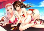  2girls barefoot beach bikini blush breasts cleavage devildogs kantai_collection shoukaku_(kancolle) swimsuit umbrella zuikaku_(kancolle) 