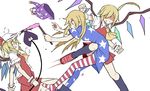  american_flag_dress american_flag_legwear ascot blonde_hair clownpiece flandre_scarlet four_of_a_kind_(touhou) hat headwear_removed jester_cap kenuu_(kenny) kneeing laevatein multiple_girls multiple_persona neck_ruff shaded_face tears torch touhou white_background wrist_cuffs 