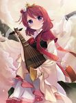  bachi bangs biwa_lute blush capelet corsage flower hagoromo hair_flower hair_ornament holding holding_instrument instrument looking_at_viewer love_live! love_live!_school_idol_project lute_(instrument) motokonut nishikino_maki plectrum purple_eyes red_hair shawl short_hair smile solo swept_bangs tiara wide_sleeves 