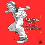  anniversary backpack bad_id bad_twitter_id bag baseball_cap copyright_name engrish hat jacket kozaki_yuusuke male_focus poke_ball poke_ball_(generic) pokemon pokemon_(game) pokemon_frlg ranguage red_(pokemon) red_(pokemon_frlg) red_background signature simple_background smile solo typo 