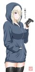  blonde_hair breasts colorized commentary_request controller dualshock game_controller gamepad grey_eyes hair_over_one_eye hand_in_pocket highres hood hood_up hoodie large_breasts looking_at_viewer original sabo_rina smile solo thighhighs translated yano_toshinori zettai_ryouiki 