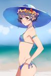  armband beach bikini black_eyes black_hair blue_bikini dated from_side hat head_wreath highres looking_at_viewer maorzshu open_mouth original short_hair side-tie_bikini signature solo standing sun_hat sweat swimsuit 