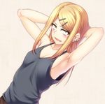  846-gou armpits arms_behind_head arms_up blonde_hair blush breasts collarbone dagashi_kashi ear_piercing earrings endou_saya fang hair_ornament hairclip jewelry long_hair looking_at_viewer open_mouth piercing sanpaku small_breasts solo sweat tank_top 