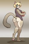  2016 anthro avery_(kanrodstavoyan) big_butt blonde_hair blue_eyes blush bottomless butt cat clothed clothing feline female food gradient_background hair hi_res kittydee looking_back mammal open_mouth popcorn rear_view simple_background solo standing 